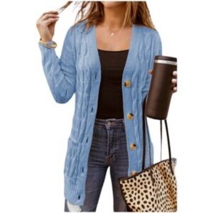 EN ROYALE Sky Blue Cable Knit Cozy Tortoise Button-Up LS Sz L